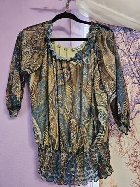 cha cha vente Turquoise & Brown Paisley Smocked Peasant Blouse